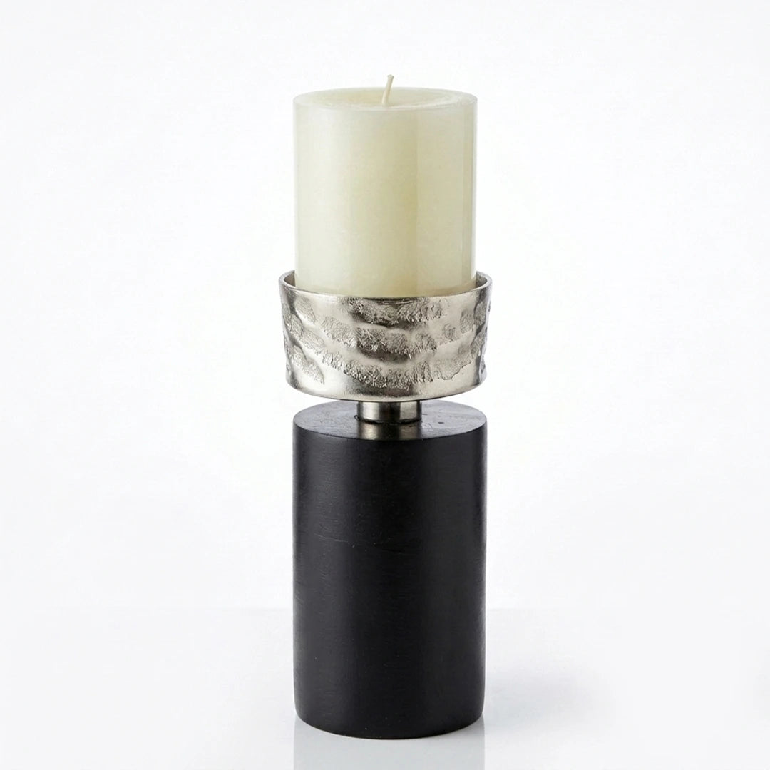 74906-C Luhpar Wave Textured Aluminum & Wood Pillar Candle Holder (Large)