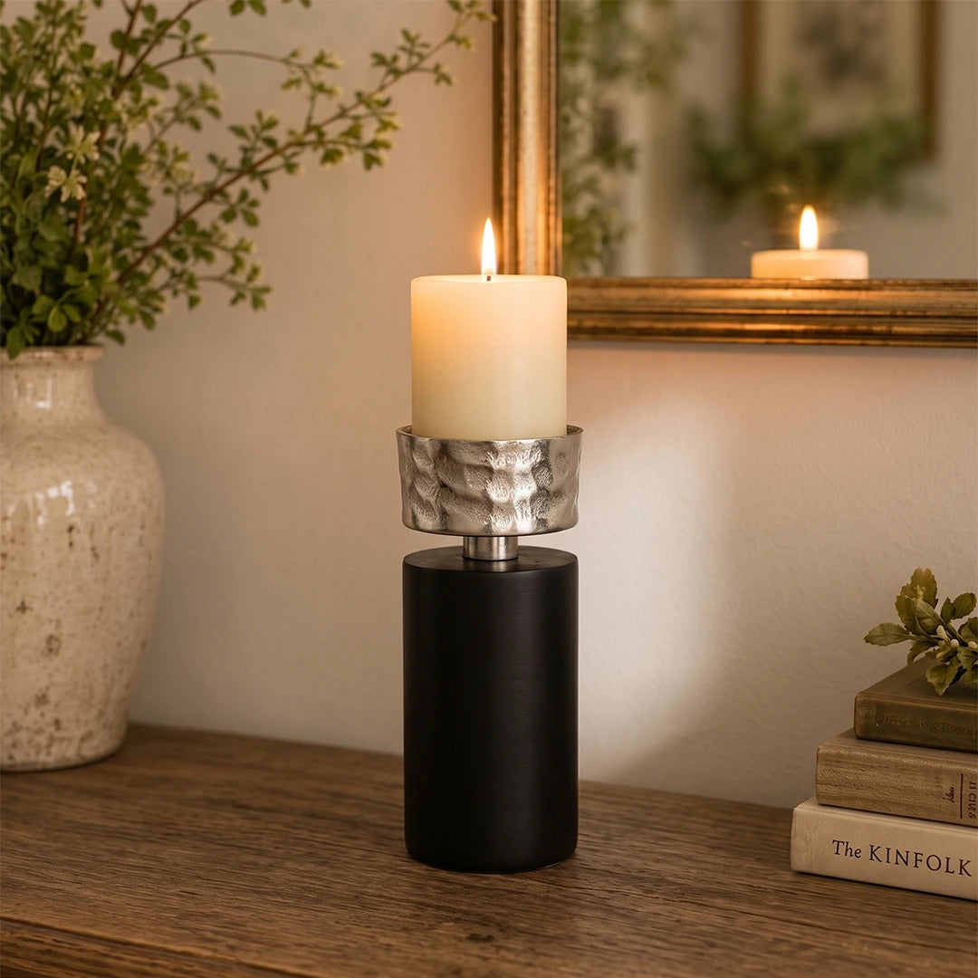 74906-C Luhpar Wave Textured Aluminum & Wood Pillar Candle Holder (Large)