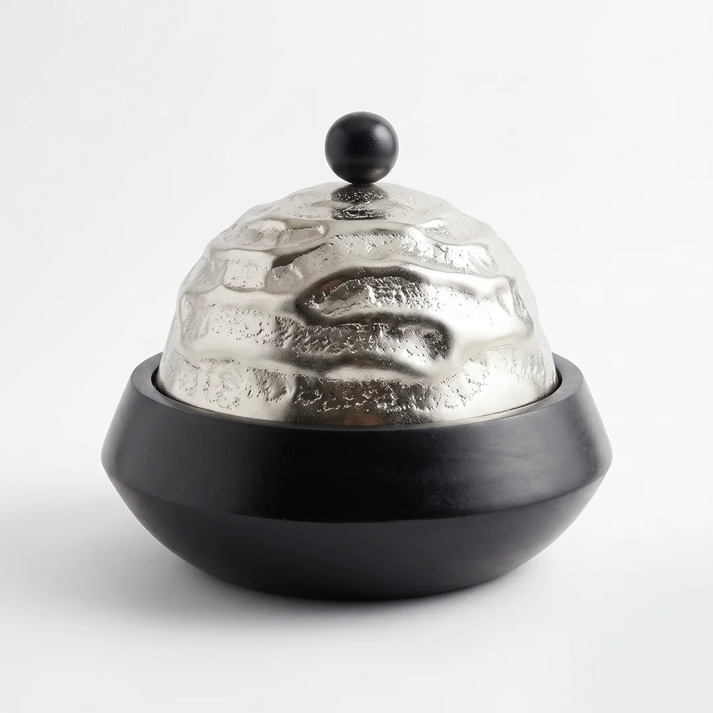74974-A Luhpar Wave Wooden Round Storage Box with Textured Aluminum Lid