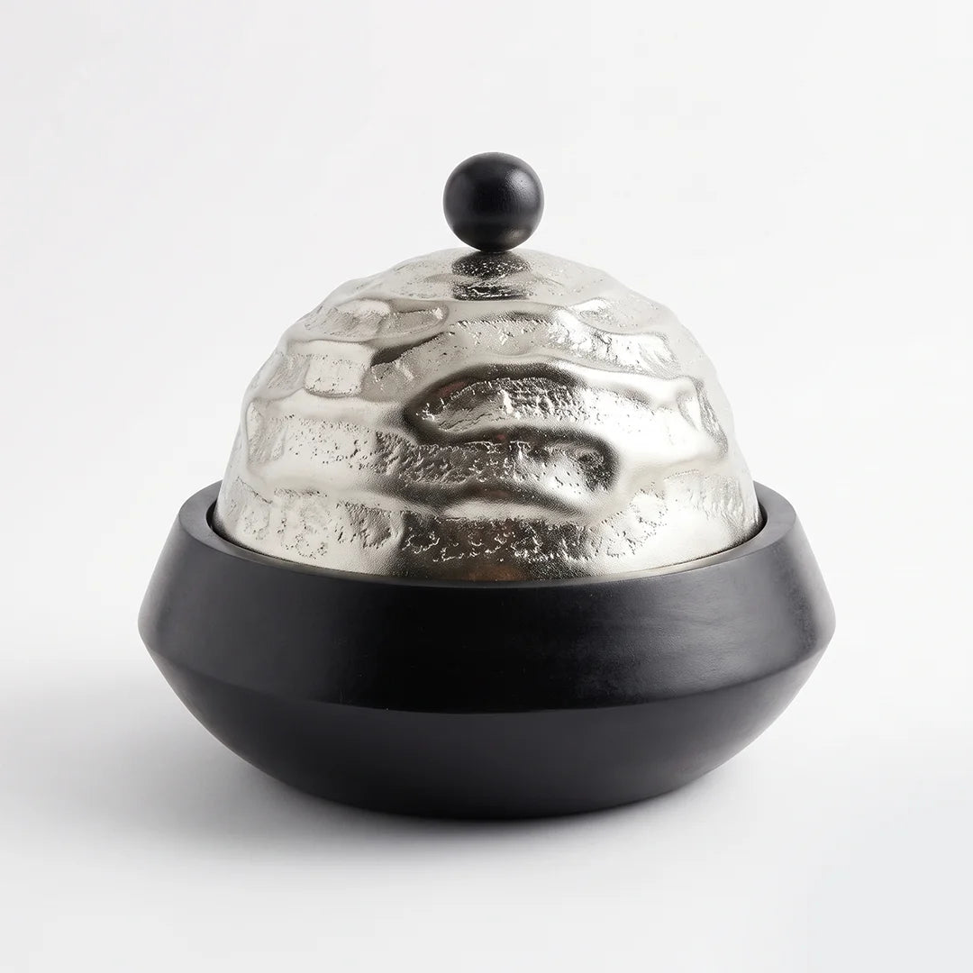 74974-A Luhpar Wave Wooden Round Storage Box with Textured Aluminum Lid