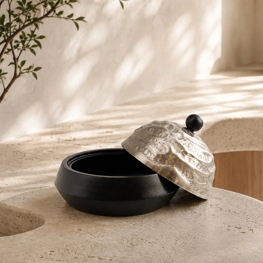 74974-A Luhpar Wave Wooden Round Storage Box with Textured Aluminum Lid