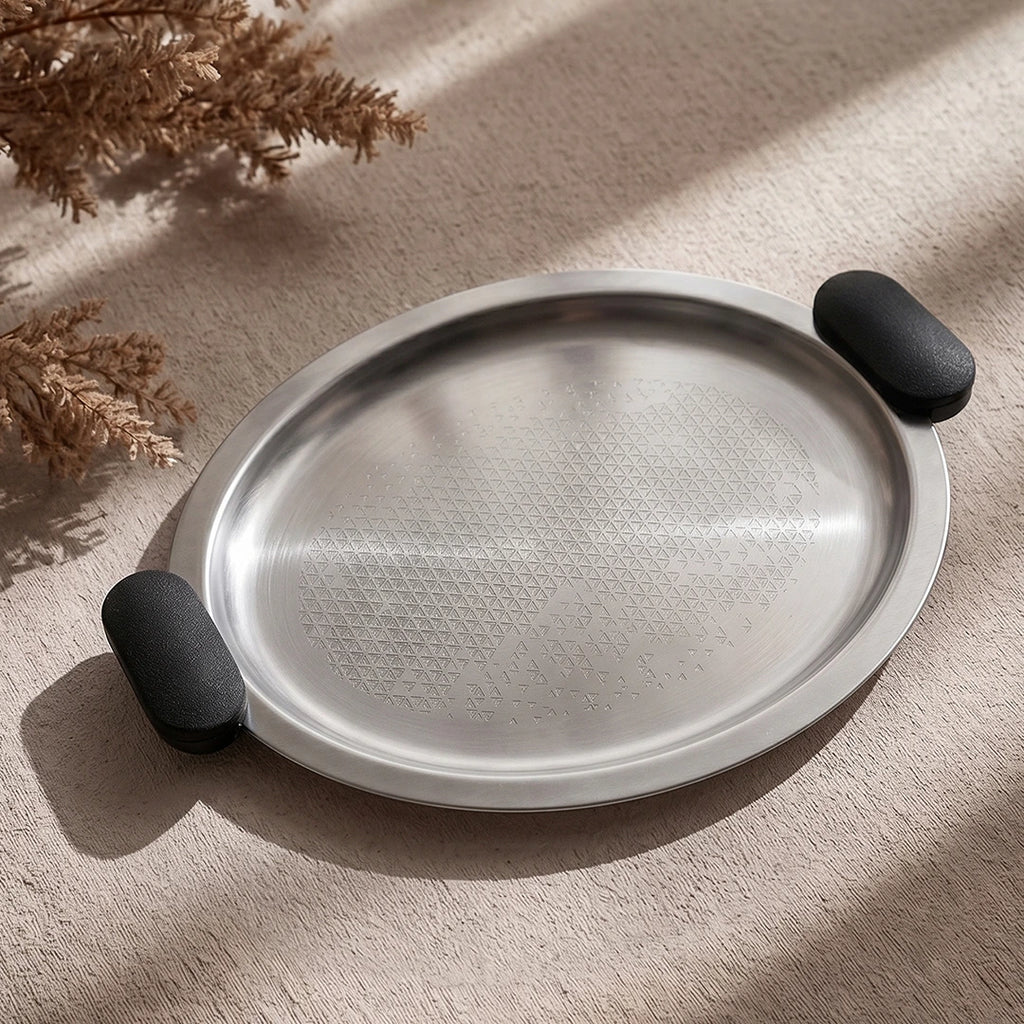 75039-A – Luhpar Vertex Stainless Steel Oval Serving Tray with Black Handles – Small