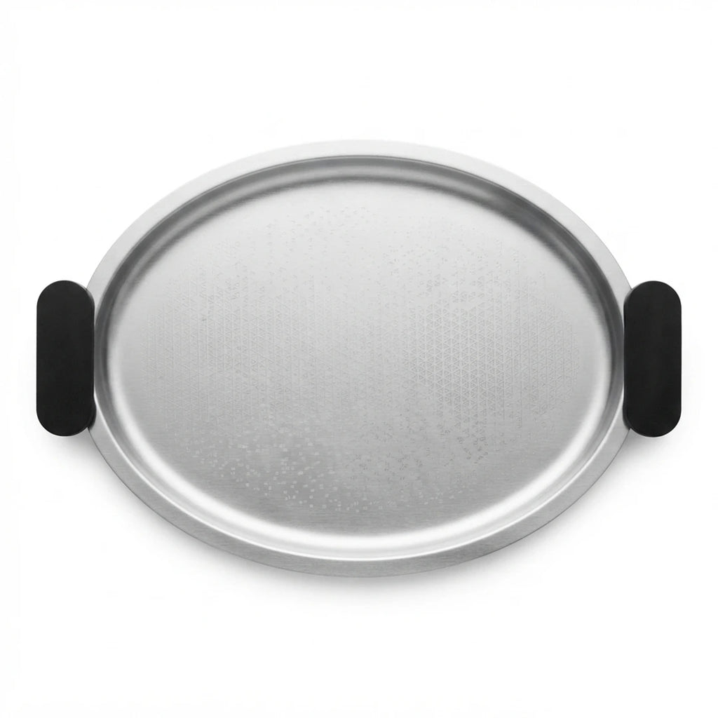 75039-B – Luhpar Vertex Stainless Steel Oval Serving Tray with Black Handles – Medium