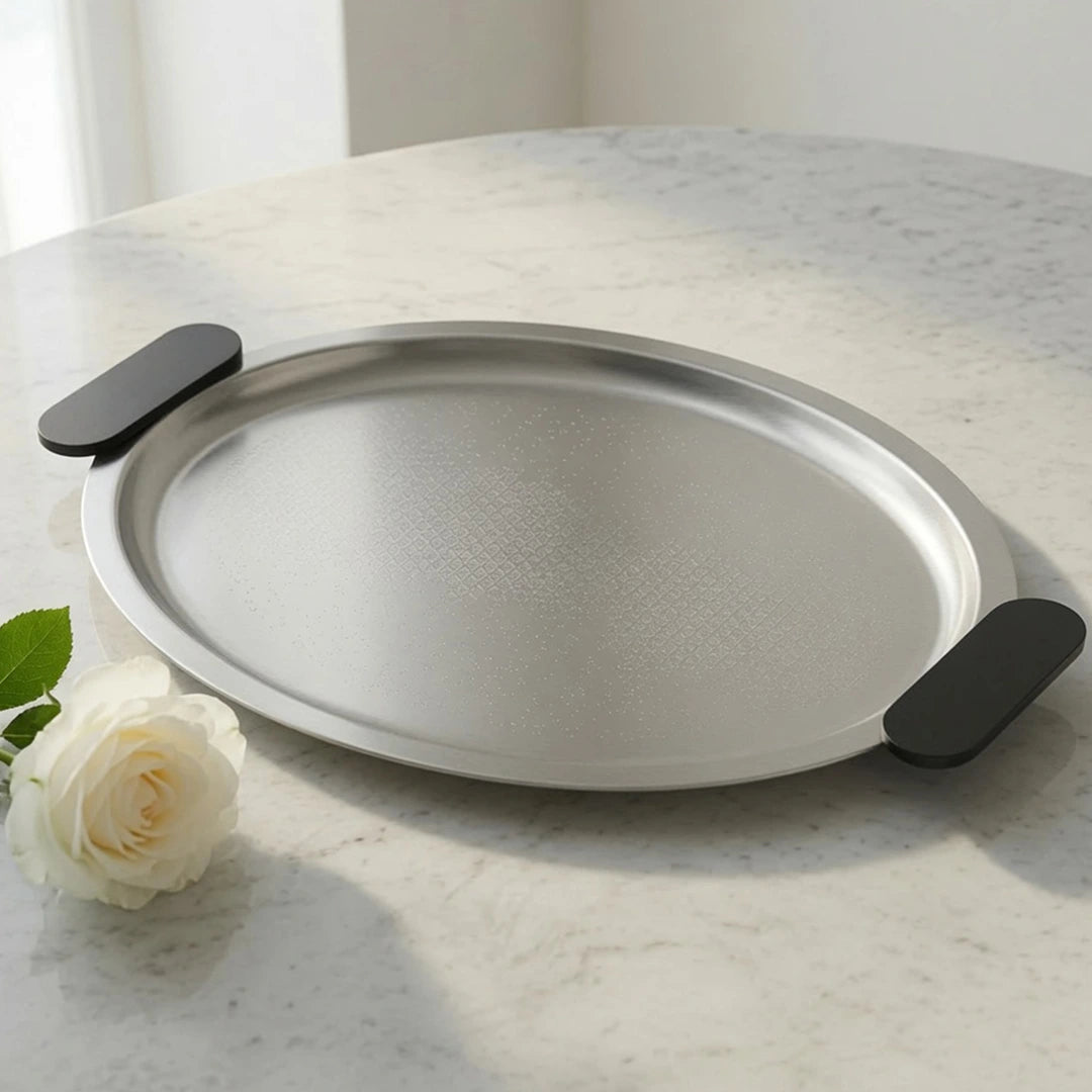 75039-B – Luhpar Vertex Stainless Steel Oval Serving Tray with Black Handles – Medium