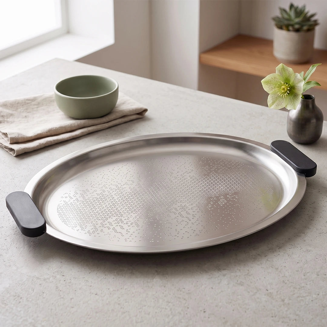 75039-C – Luhpar Vertex Stainless Steel Oval Serving Tray with Black Handles – Large