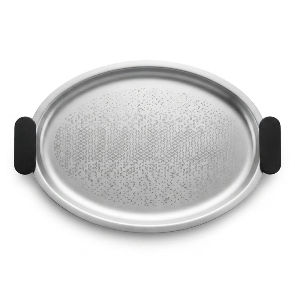 75039-C – Luhpar Vertex Stainless Steel Oval Serving Tray with Black Handles – Large