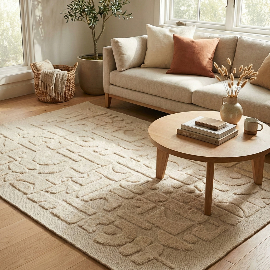 سجادة صوفية منسوجة يدويًا من PHCR0019 - سجادة هندسية كريمية الملمس، 200×300 سم