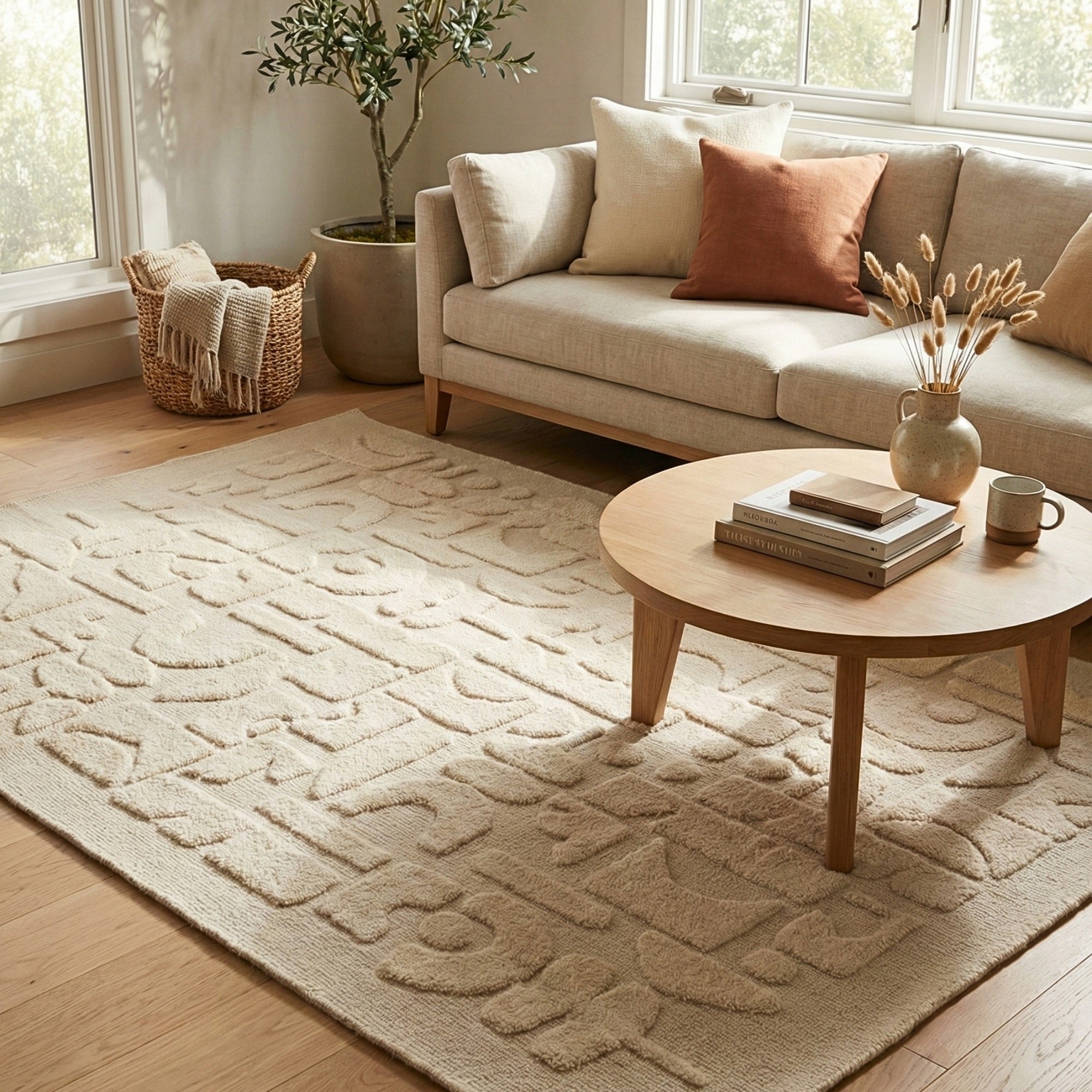 سجادة صوفية منسوجة يدويًا من PHCR0019 - سجادة هندسية كريمية الملمس، 200×300 سم