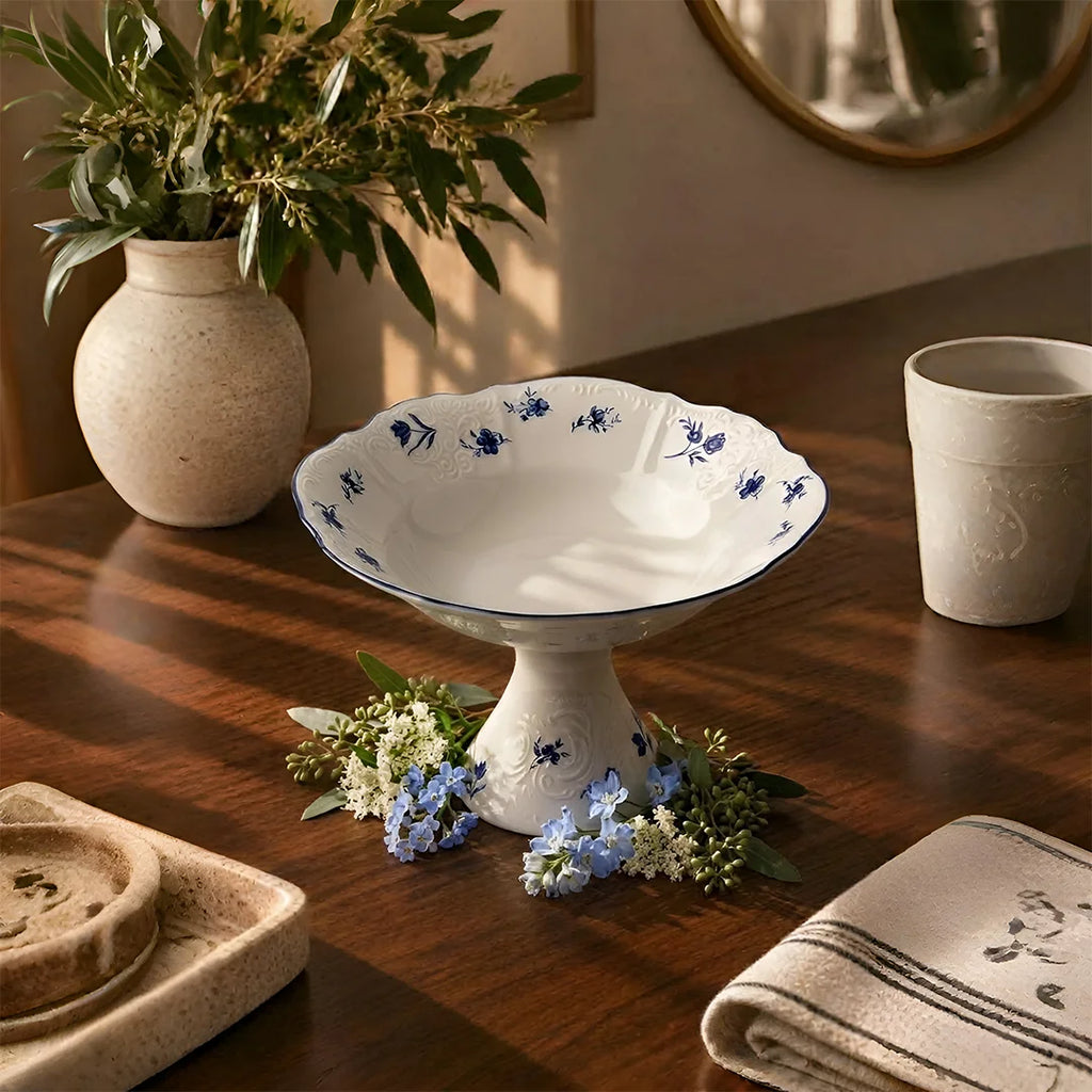 AB-018 Blue Azure Square Pedestal Serving Bowl with Blue Rim – 9.5"