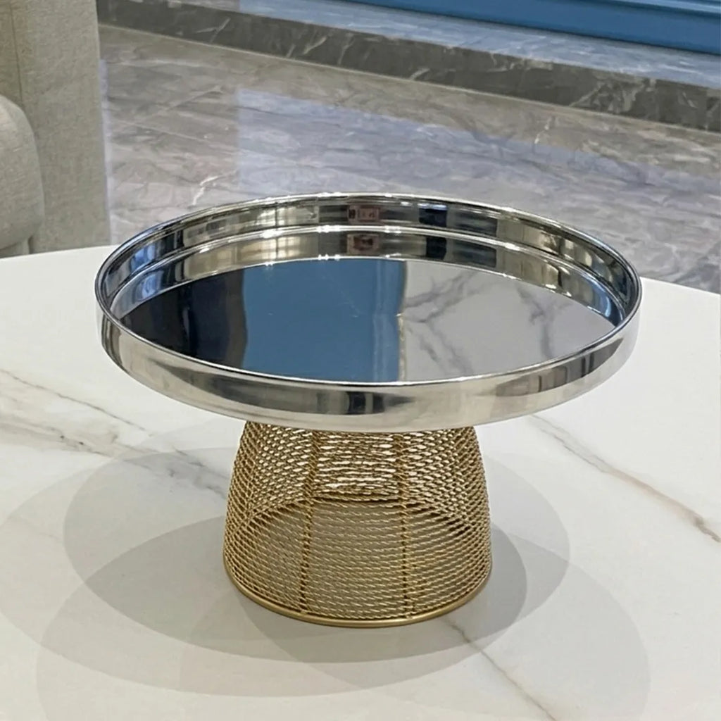 AHE-2492 Round Serving Stand Metal Tray with Gold Base