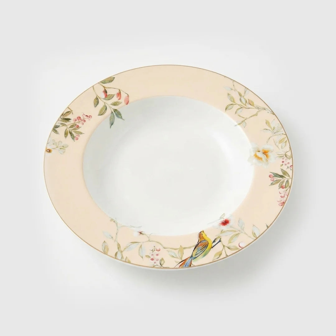 Luhpar Chinoserie Floral porcelain soup plate, 8.5 inch with gold rim