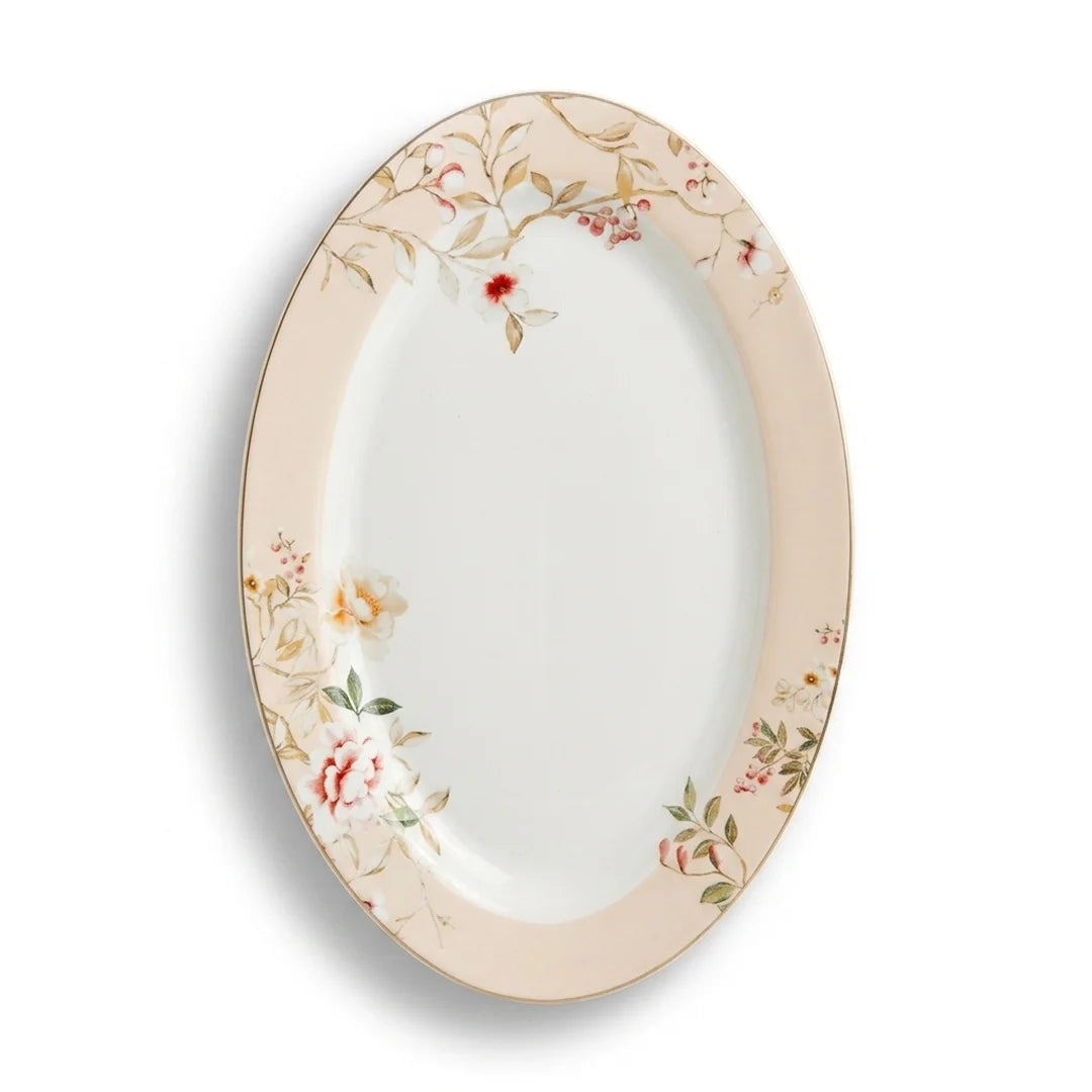 Luhpar Chinoserie Floral porcelain oval plate, 12 inch with gold rim