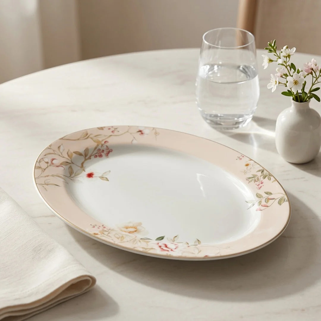 Luhpar Chinoserie Floral porcelain oval plate, 12 inch — detail view