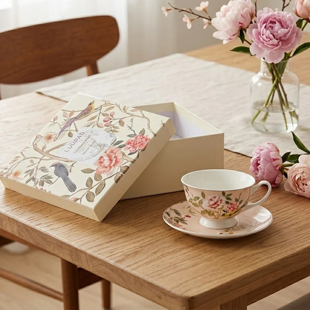 Luhpar Chinoserie Floral porcelain cup and saucer, 220ml with gold rim