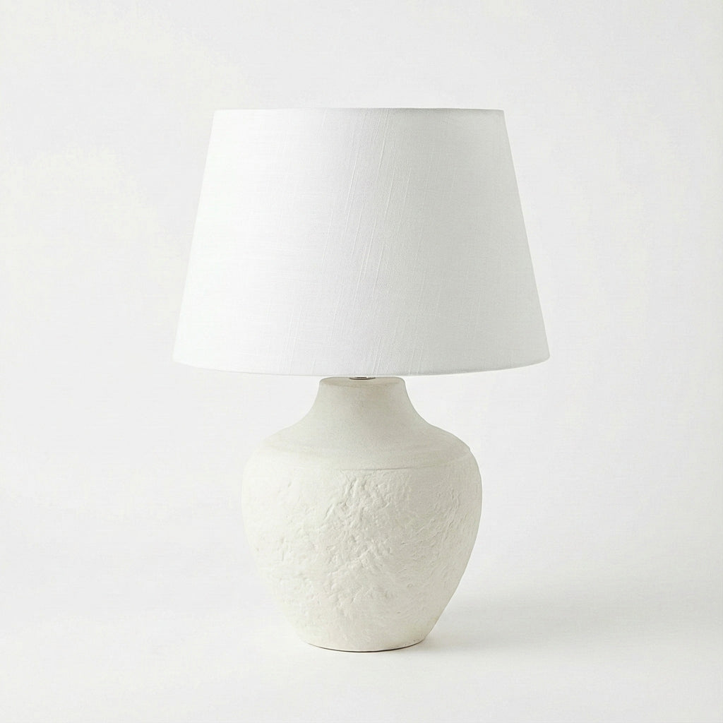 Luhpar Aria modern white ceramic table lamp with textured plaster finish and large white linen shade