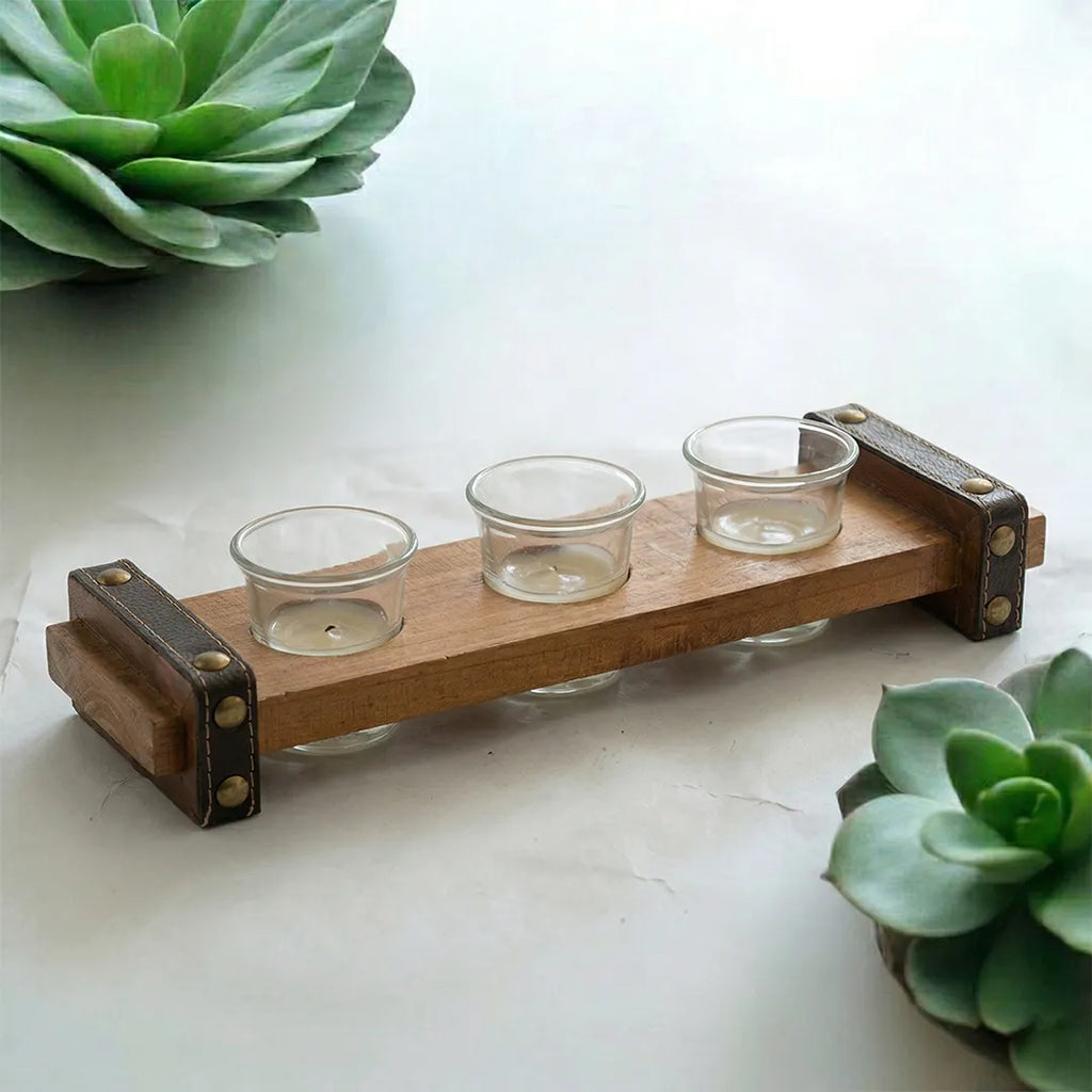 C25K0018/2 Luhpar Wooden Serving Tray with 3 Glass Cups Rustic Style
