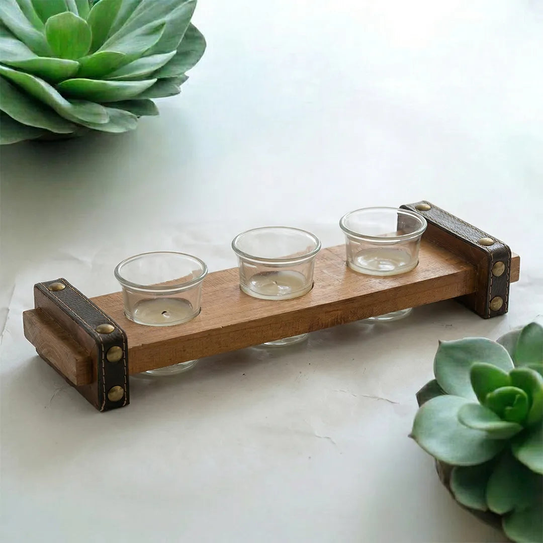 C25K0018/2 Luhpar Wooden Serving Tray with 3 Glass Cups Rustic Style