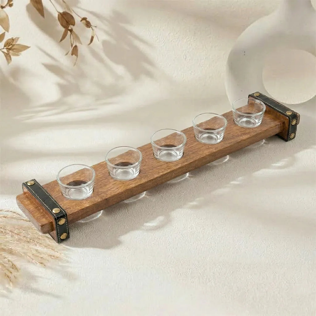 C25K0018/1 Luhpar Wooden Serving Tray with 5 Glass Cups Rustic Style