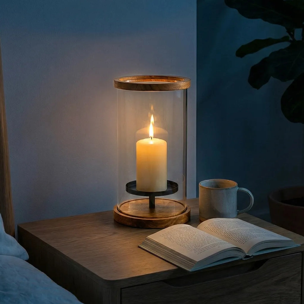 C25K0074/2 Luhpar Wooden Candle Holder Lantern with Glass Cylinder 25 cm Natural Oak