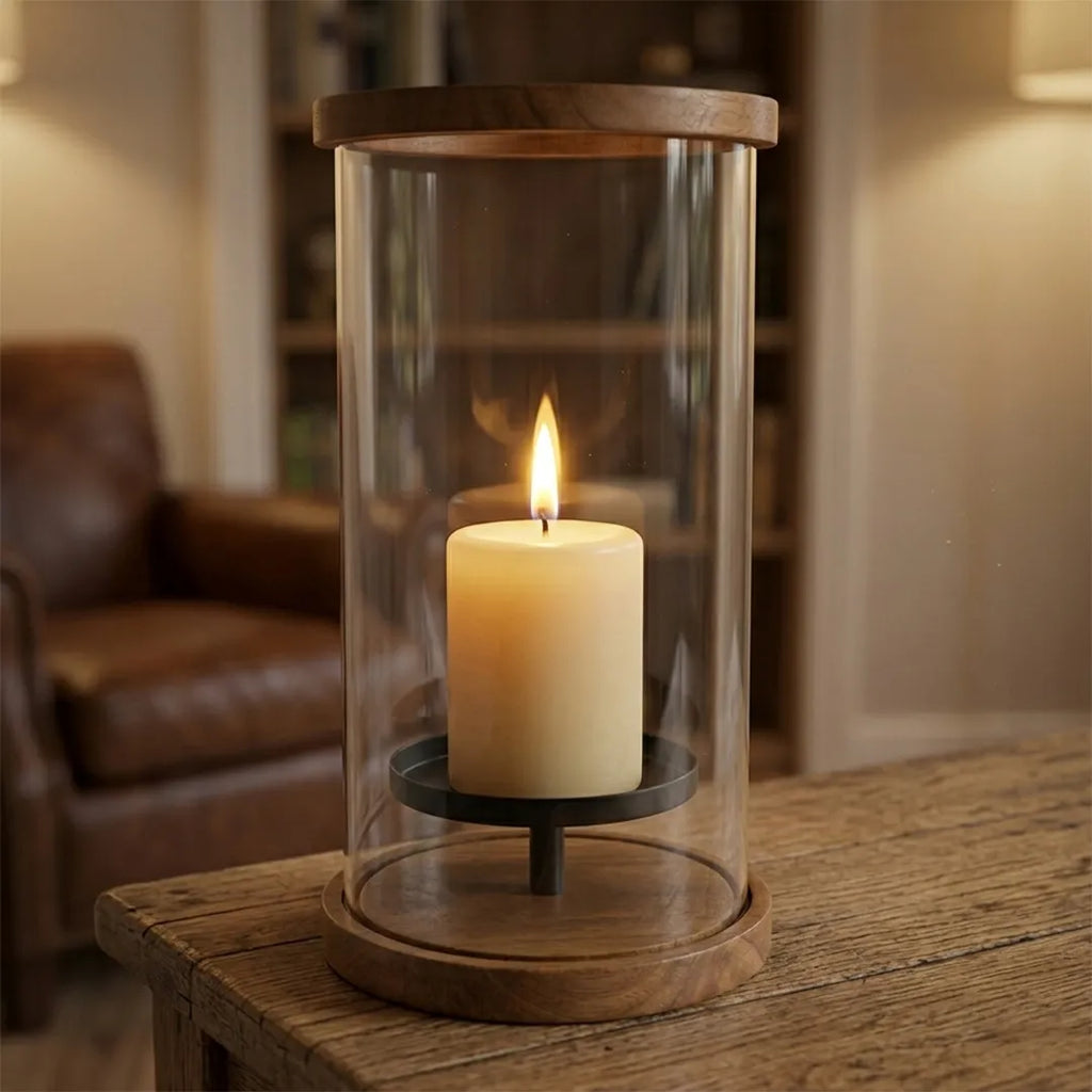 C25K0074/1 Luhpar Wooden Candle Holder Lantern with Glass Cylinder 31 cm Natural Oak