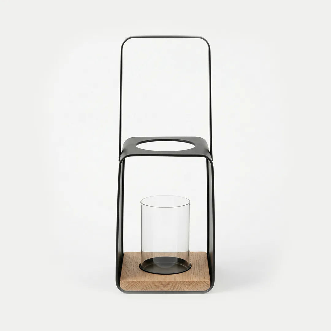 C25K6151/2-DS Luhpar Metal Candle Holder Lantern with Glass Insert 26 cm Black & Oak