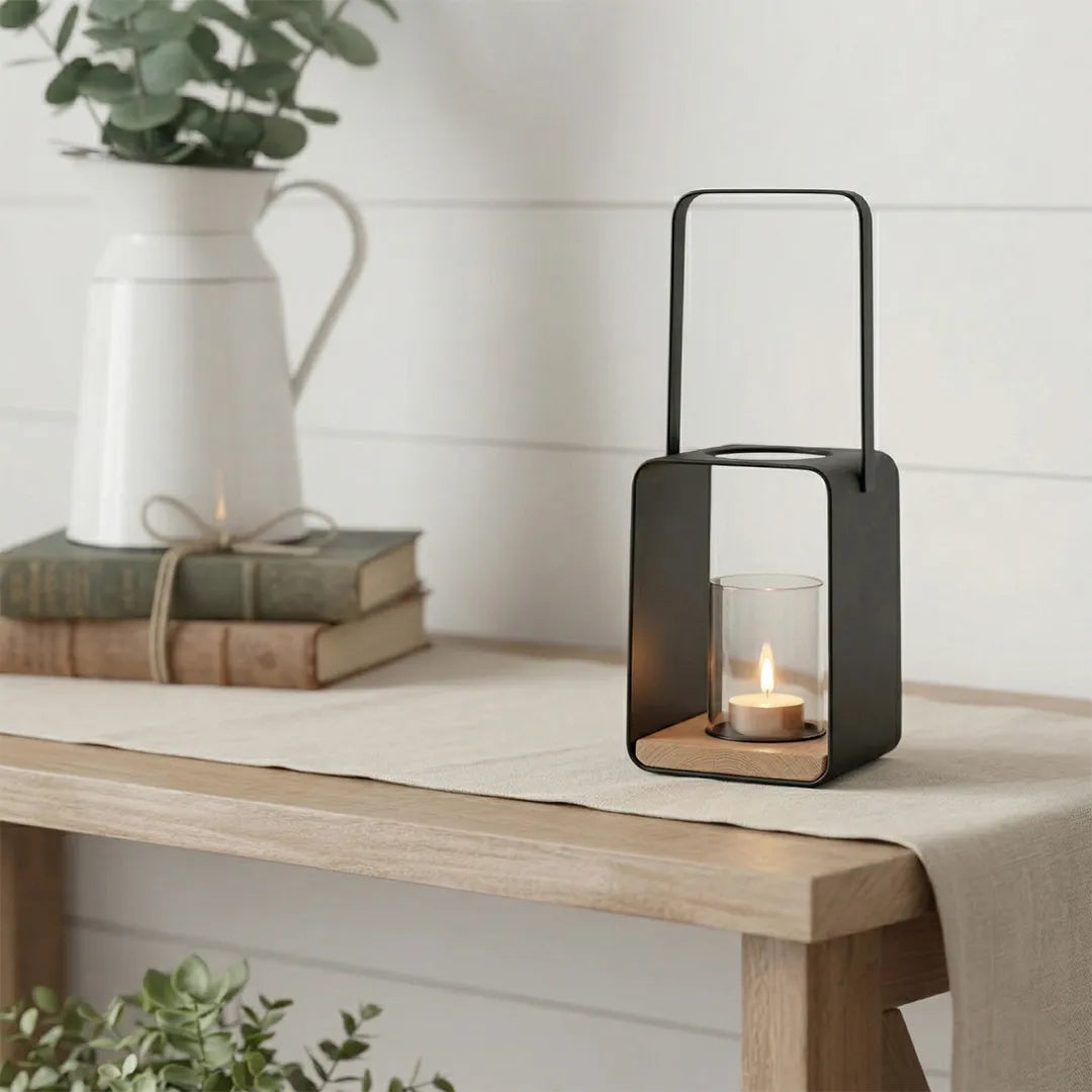 C25K6151/2-DS Luhpar Metal Candle Holder Lantern with Glass Insert 26 cm Black & Oak