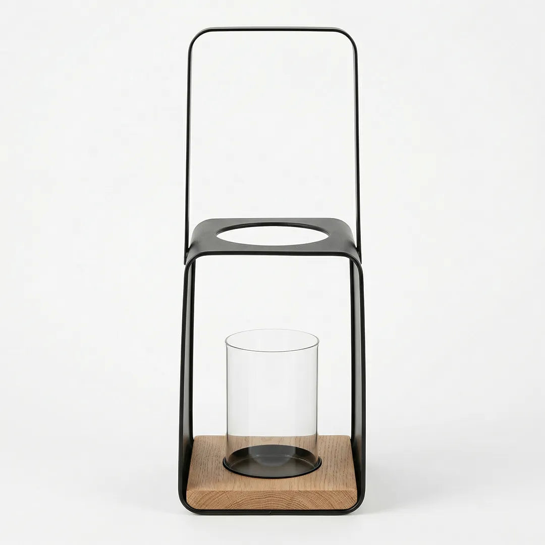 C25K6151/1-DS Luhpar Metal Candle Holder Lantern with Glass Insert 29 cm Black & Oak