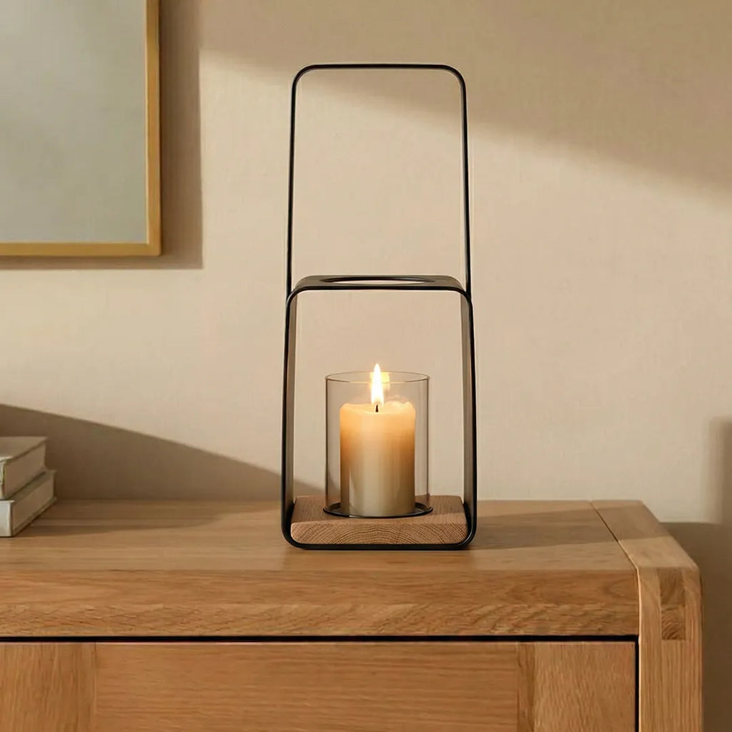 C25K6151/1-DS Luhpar Metal Candle Holder Lantern with Glass Insert 29 cm Black & Oak