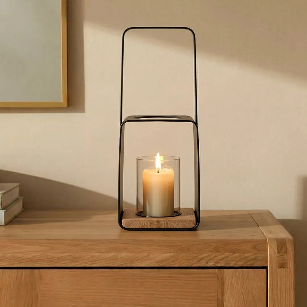 C25K6151/1-DS Luhpar Metal Candle Holder Lantern with Glass Insert 29 cm Black & Oak