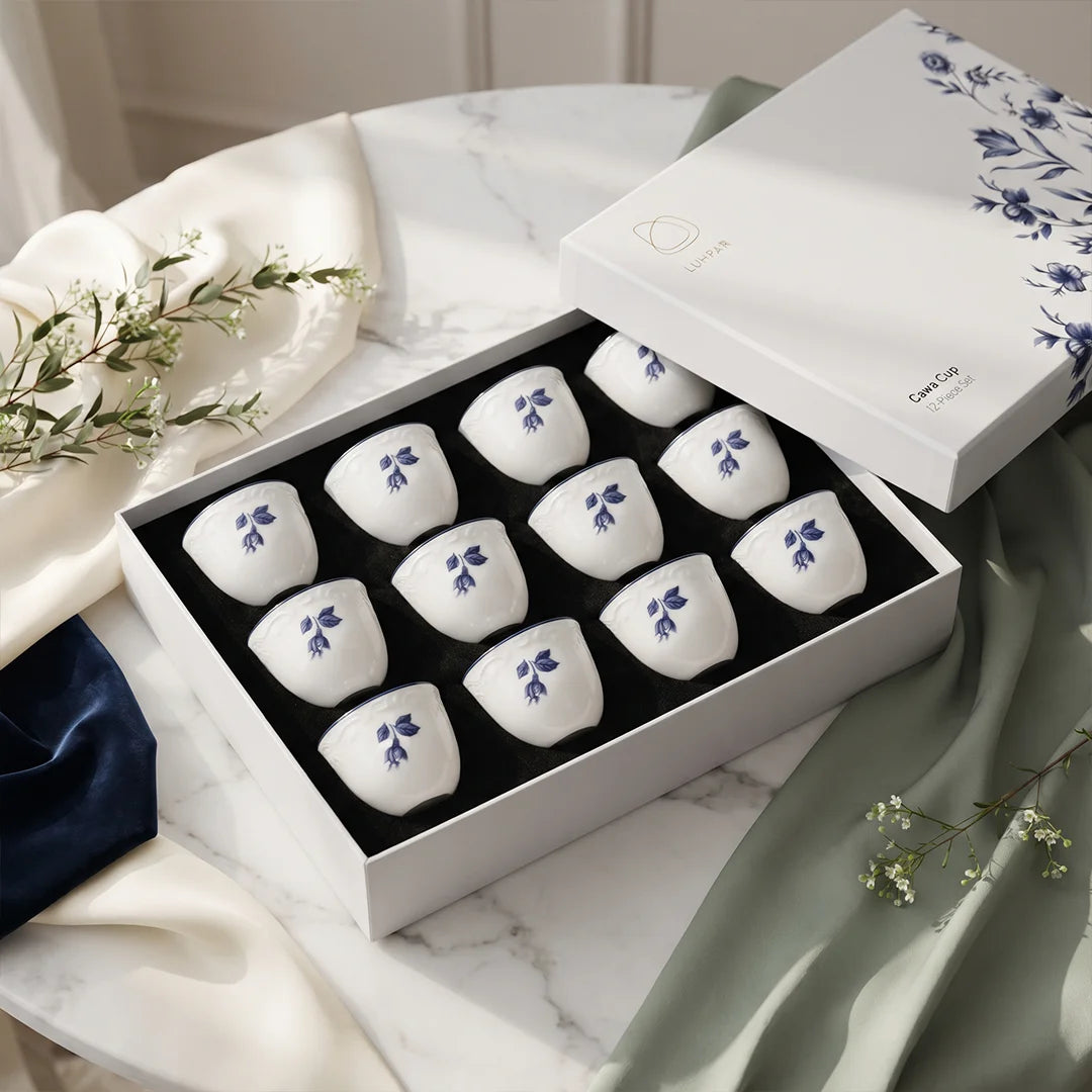 AB-019 Blue Azure Porcelain Cawa Cup Set of 12 with Blue Rim