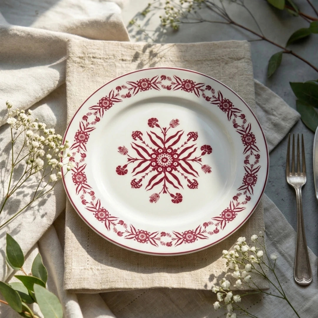 EM-004 Scarlet Whisper Dinner Plate 10.5" – Burgundy Rim