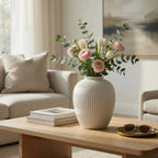 SD131 Ceramic Vase Textured Round Design Off White 20 cm