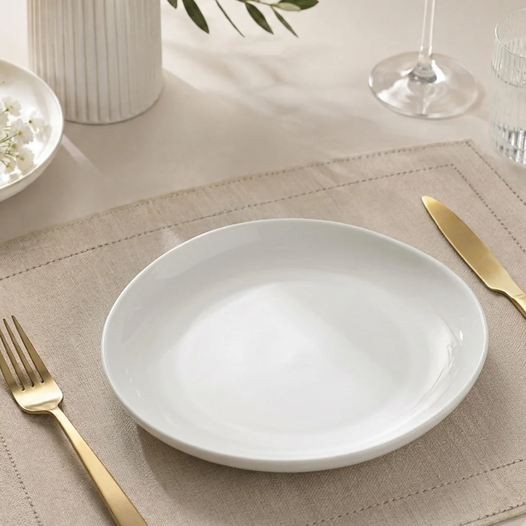 Luhpar Pebble Collection white egg-shape dinner plate, 10.5 inch — detail view