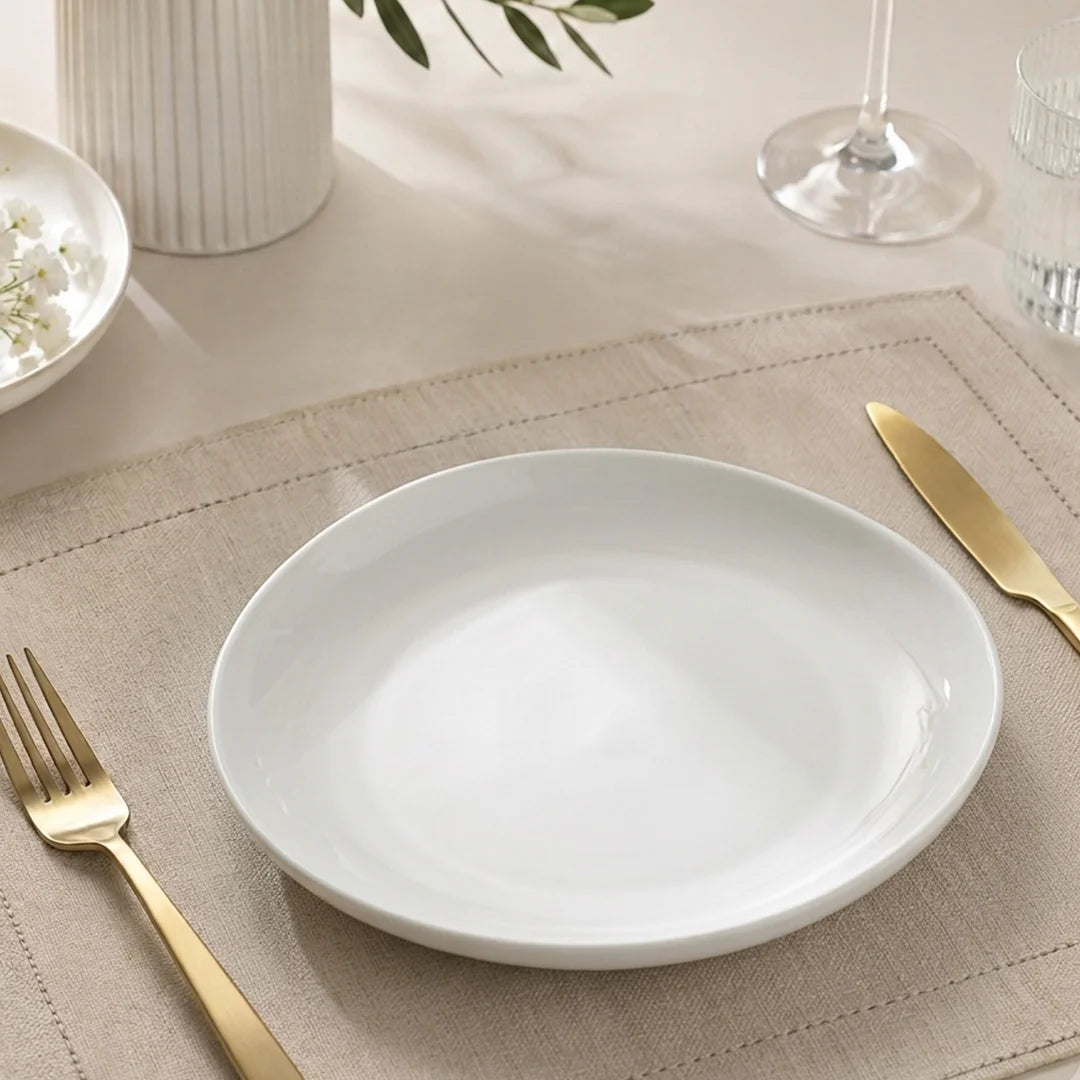 Luhpar Pebble Collection white egg-shape dinner plate, 10.5 inch — detail view