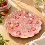Berry Bloom strawberry and blossom salad plate styled on a wooden table with fresh strawberries
