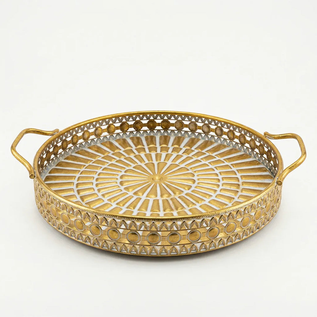 58-11 Luhpar Round Gold Metal Tray with Geometric Pattern (Small / Medium / Large)