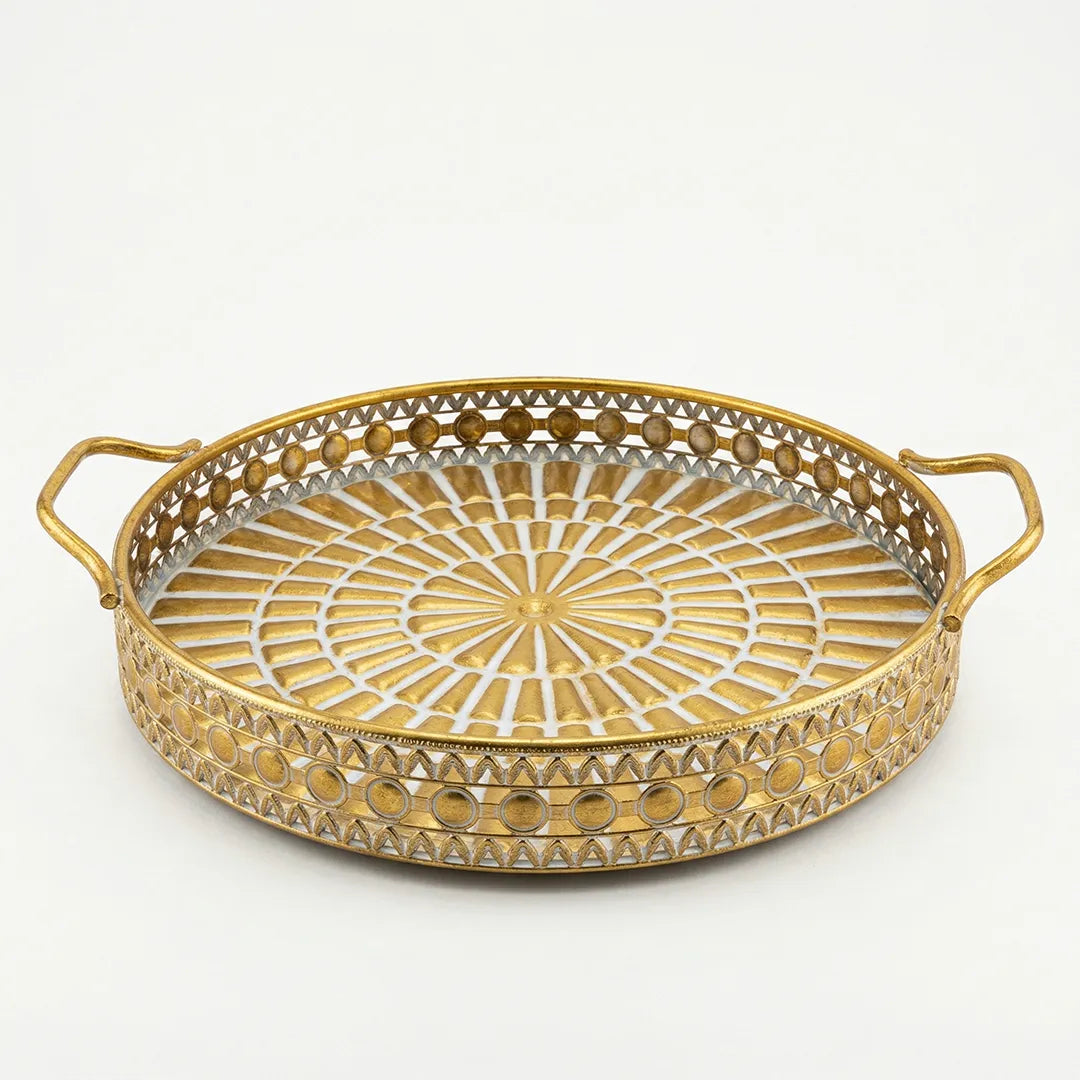 58-11 Luhpar Round Gold Metal Tray with Geometric Pattern (Small / Medium / Large)