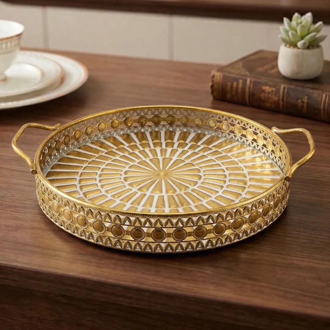 58-11 Luhpar Round Gold Metal Tray with Geometric Pattern (Small / Medium / Large)