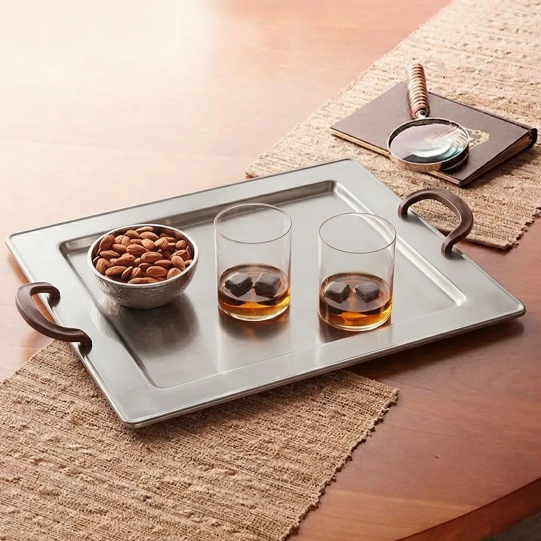 MTN1365 / WD5102 Rectangular Metal Serving Tray with Curved Wooden Handles 42 cm