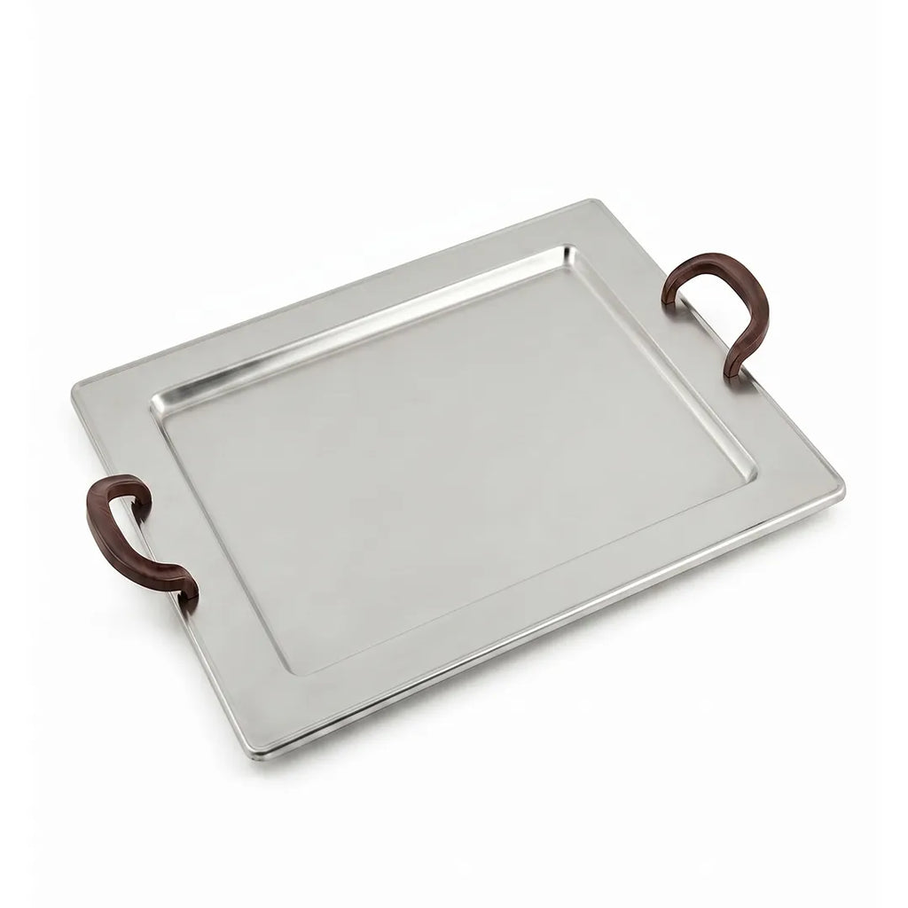 MTN1365 / WD5102 Rectangular Metal Serving Tray with Curved Wooden Handles 42 cm
