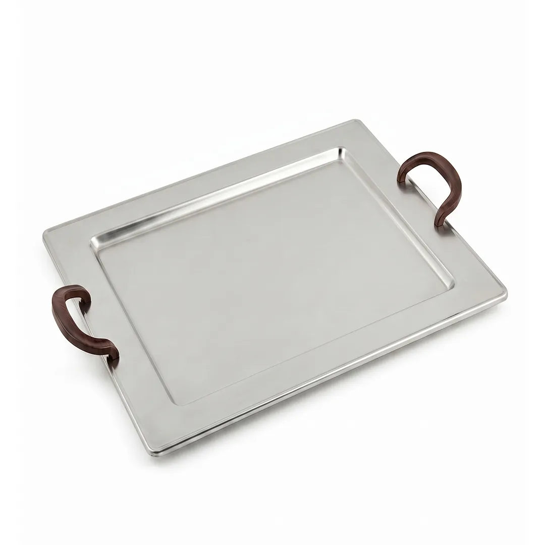 MTN1365 / WD5102 Rectangular Metal Serving Tray with Curved Wooden Handles 42 cm