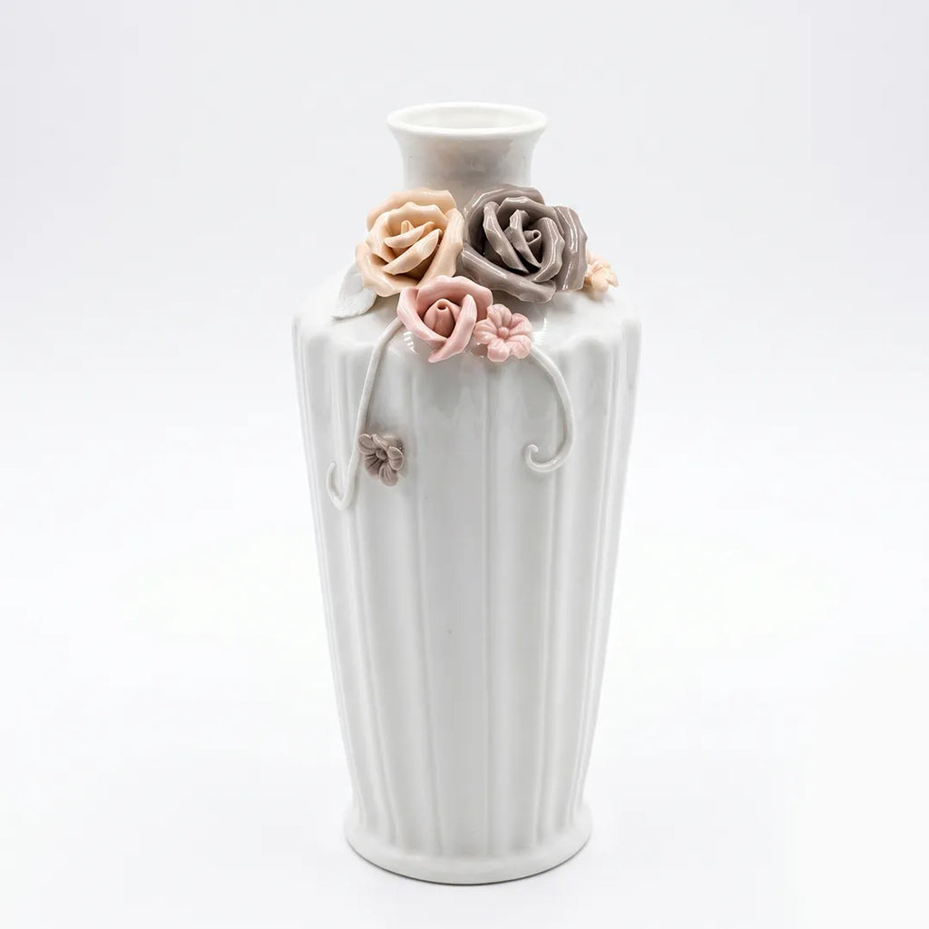 NR77-3307 Ceramic Vase Floral Embossed Glossy Ivory Vase 30 cm
