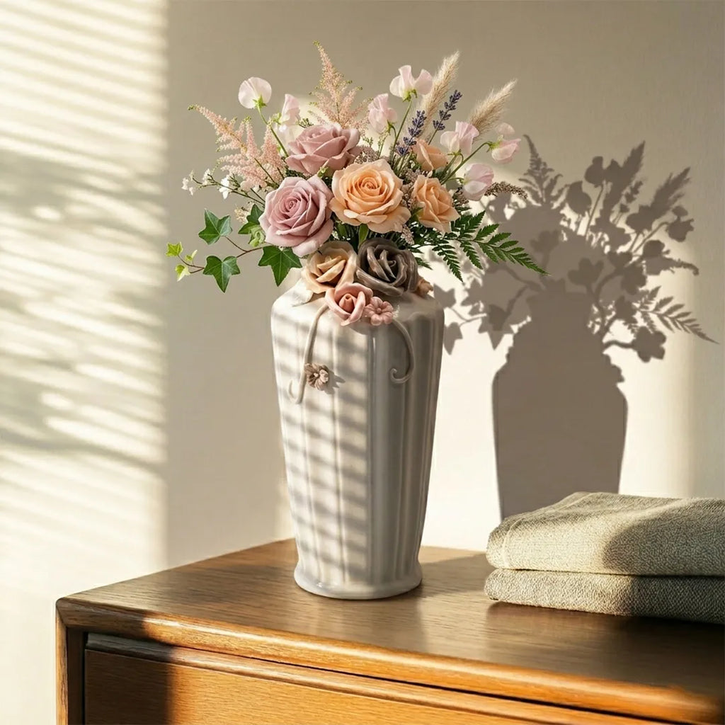 NR77-3307 Ceramic Vase Floral Embossed Glossy Ivory Vase 30 cm
