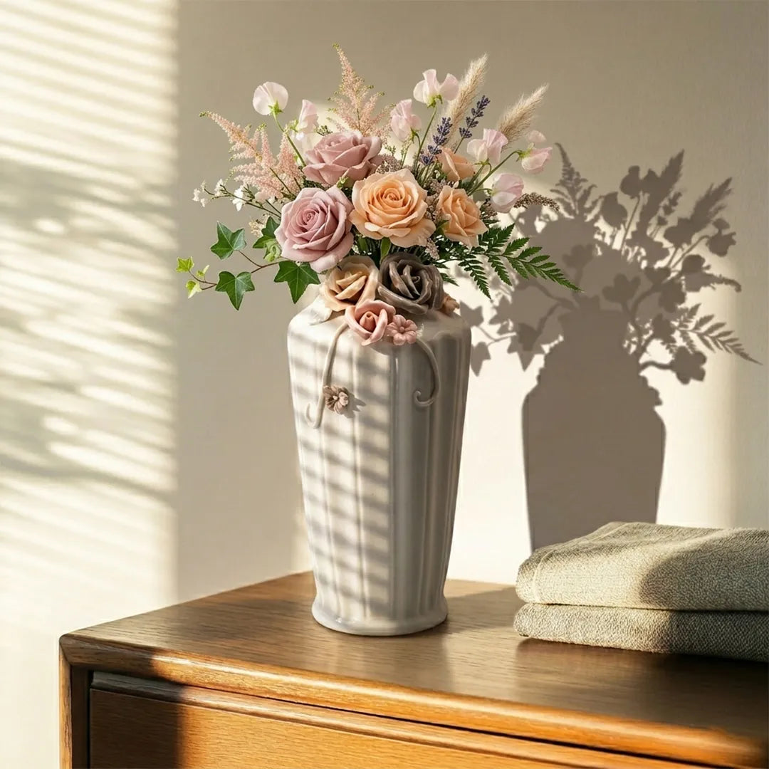 NR77-3307 Ceramic Vase Floral Embossed Glossy Ivory Vase 30 cm