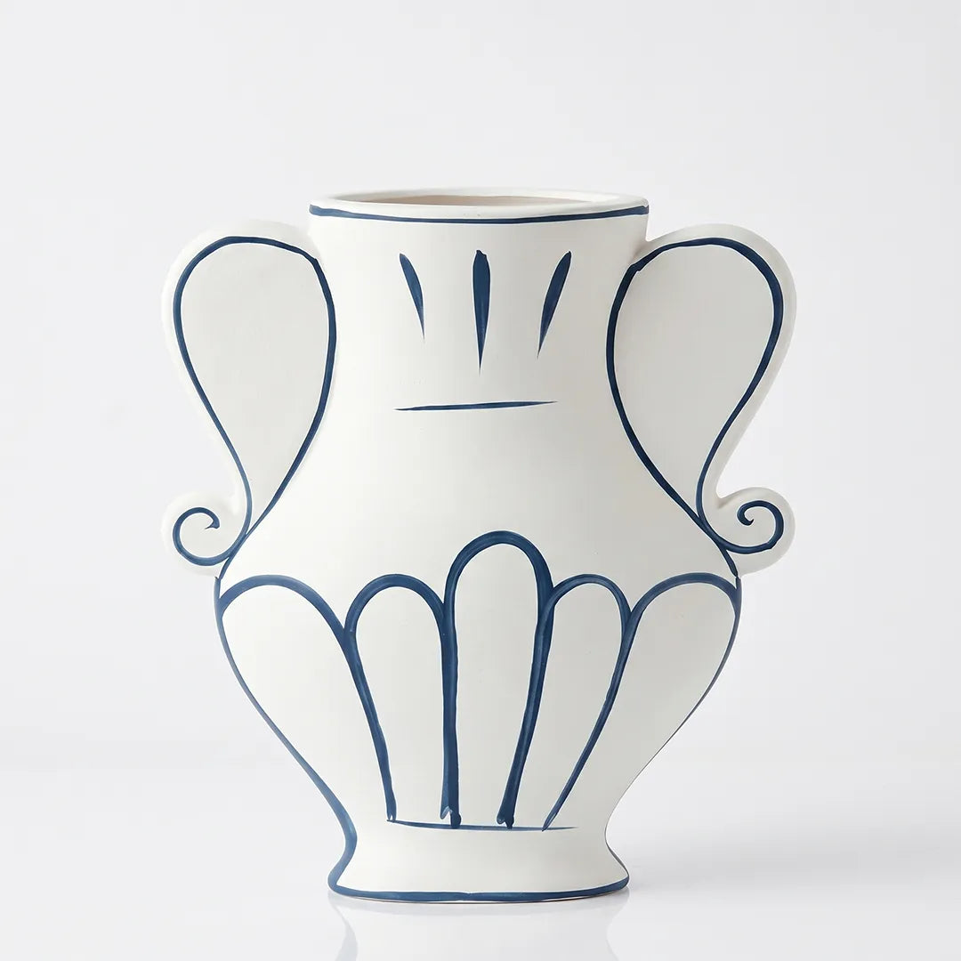 NW240795L-MWBL Ceramic Vase White Blue with Handles 26 cm
