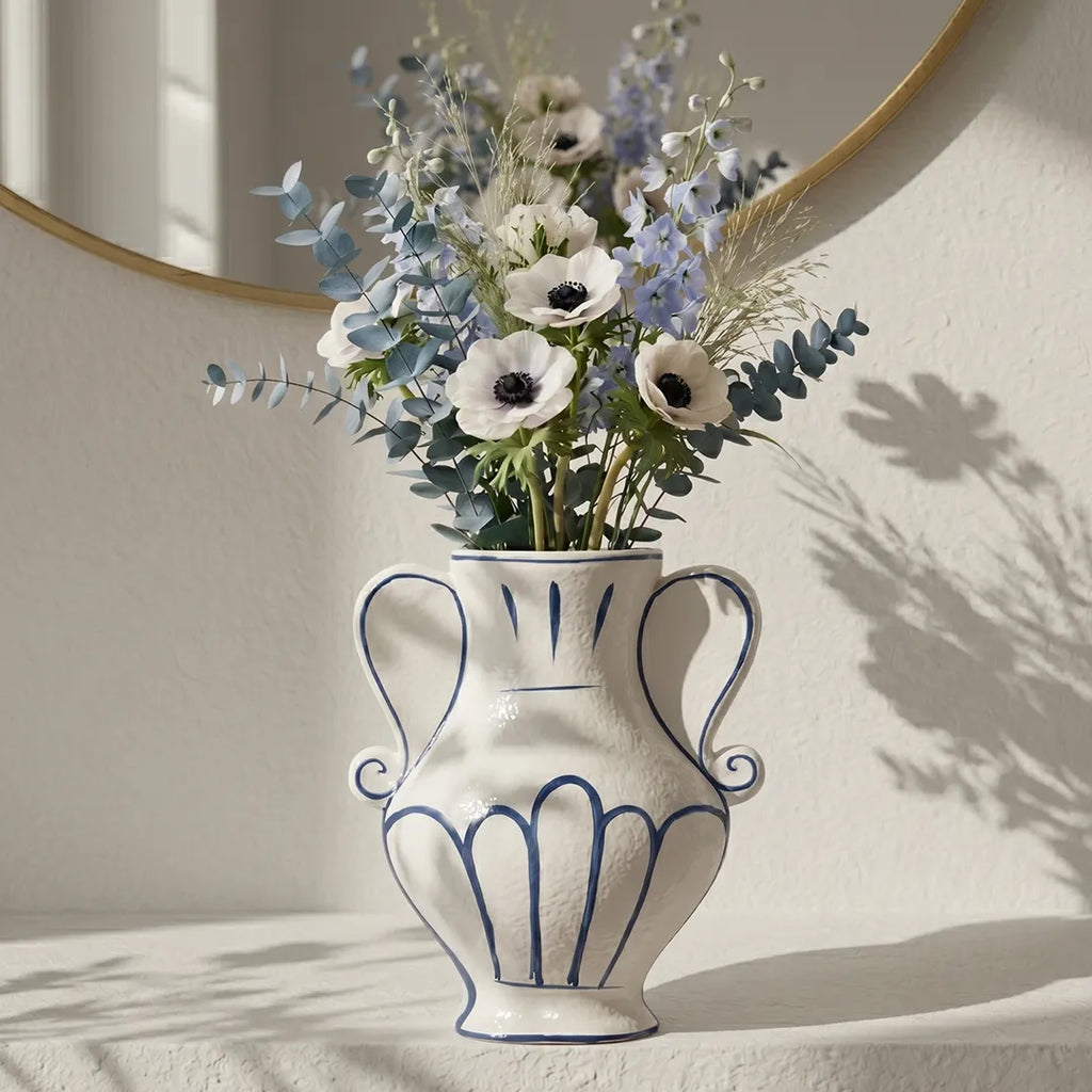 NW240795L-MWBL Ceramic Vase White Blue with Handles 26 cm