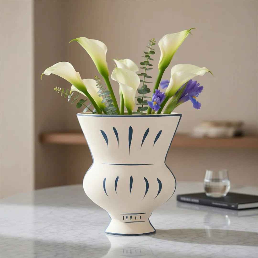 NW240796L-MWBL Ceramic Vase White Blue Pattern 24 cm