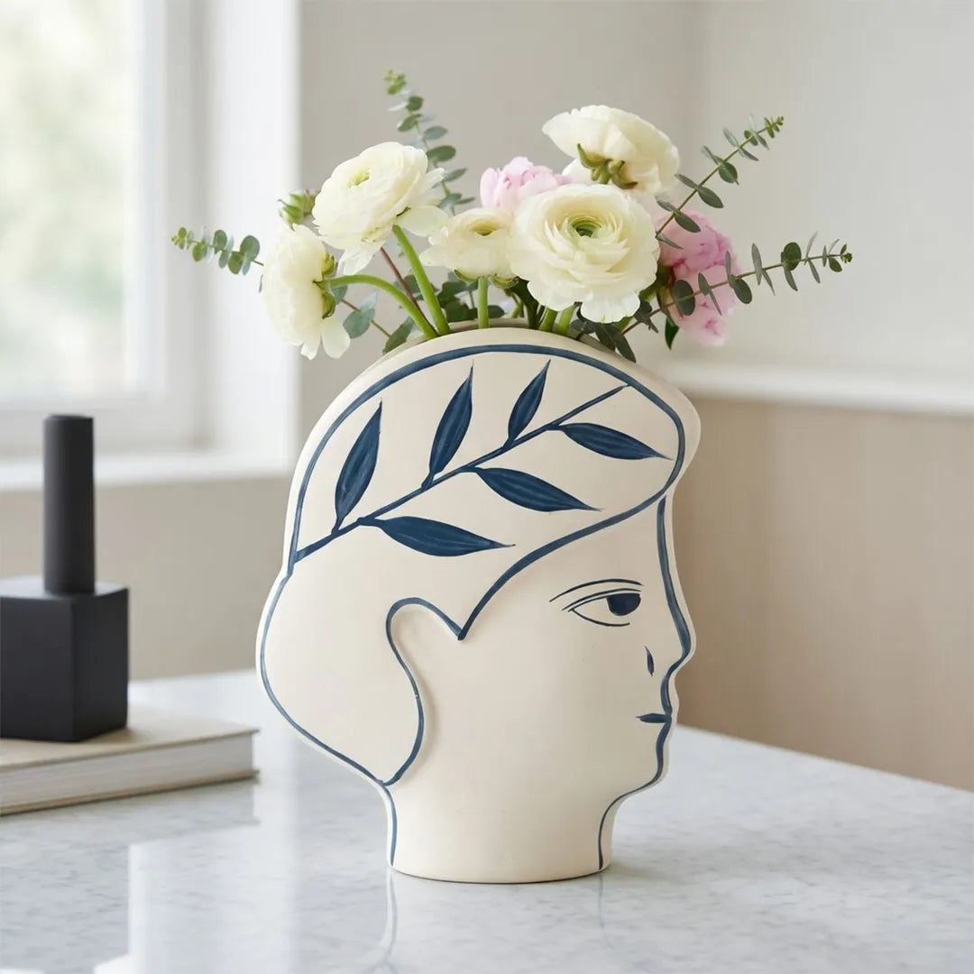 NW240797S-MWBL Ceramic Face Vase Ivory Blue 26 cm