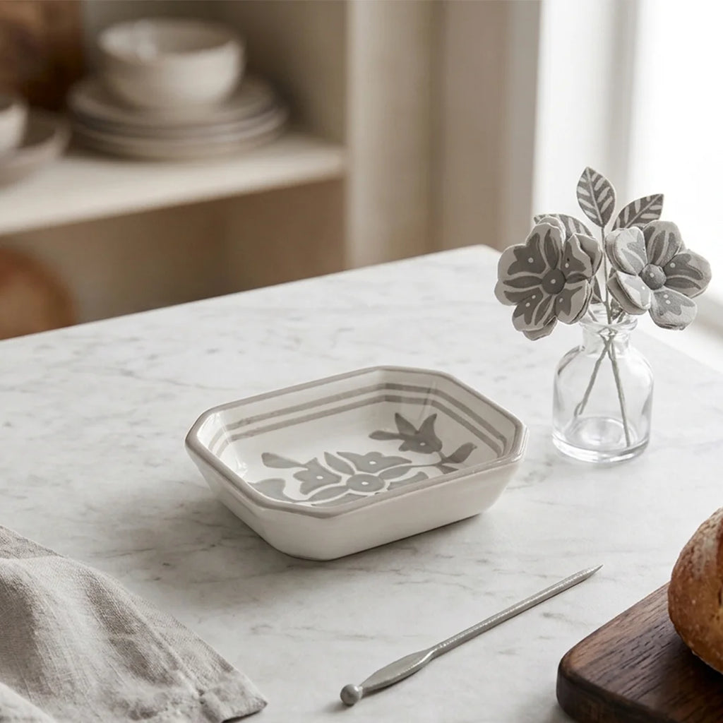 P-B 10.5 Selene Botanical Motif Ceramic Rectangular Serving Dish – 10.5 cm
