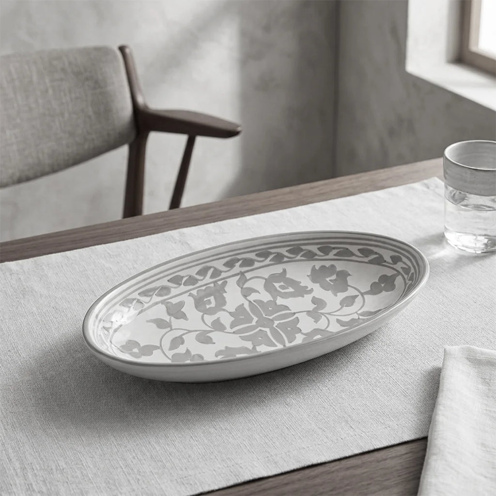 P-B 25 Selene Botanical Motif Ceramic Oval Serving Plate – 25 cm